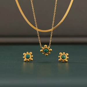 Zonnebloem Ketting En Oorbellen 18K Verguld Titaniumstaal Natuursteen Vintage Elegant Voor Vrouwen Sieraden