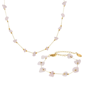 Bohemian stainless steel jewelry set with natural pink stones, necklace and bracelet