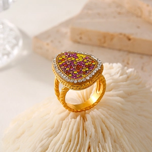 Titanstahl Wassertropfen Ring Mit Bunten Strasssteinen PVD 18K Vergoldet Gedrehtes Seilband Statement Schmuck Für Damen