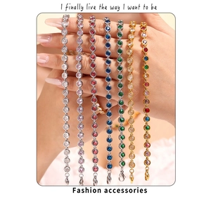 Stacked view of colorful zircon tennis bracelets with bezel setting and lobster clasp