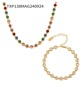 Detail of colorful gemstone necklace and white zircon bracelet in PVD 18K gold plated steel