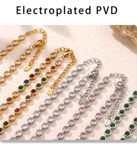 Macro detail of PVD gold plated stainless steel tennis bracelets with colorful zircon stones
