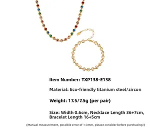 Detail of colorful zircon jewelry set in gold titanium steel with lobster clasp and chain