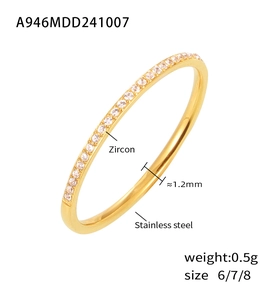 Vue détaillée d'une bague fine en acier inoxydable doré de 1,2mm avec micro zircons