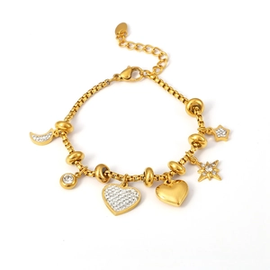 Gold stainless steel box chain bracelet featuring star, moon, and heart charms with zircon