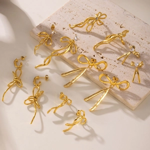 Elegant Bowknot Ribbon Tassel Drop Earrings Titanium Steel 18K Gold Plated Heart Zirconia Jewelry For Women