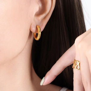 Detailed close-up of 18k gold plated hoop earrings with starburst zircon inlay for women