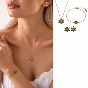 Kleurrijke Sneeuwvlok Zirconia Sieradenset Voor Dames Roestvrij Staal Goud Verguld Meerkleurig Kristal Ketting Armband Oorbel
