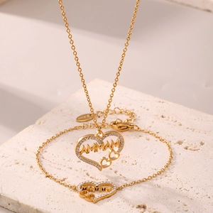 Roestvrij Staal Hart Mamma Letter Hanger Ketting Armband Sieradenset Voor Vrouwen Verguld Zirconia Ingelegd Herdenkingscadeau