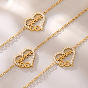 Gouden PVD-gecoate 18K gouden Mama-hart halsketting set met fonkelende zirkonia
