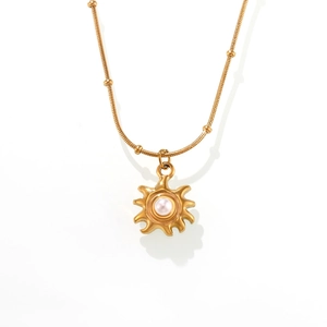 Golden sunburst pearl pendant necklace with 18K gold plated snake chain for women