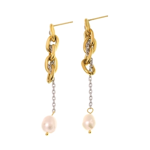 Orecchini pendenti con perle d'acqua dolce e catene dorate in acciaio placcato oro 18K