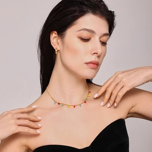 Bohemian gold necklace with colorful heart pendants and crystal hoop earrings for women