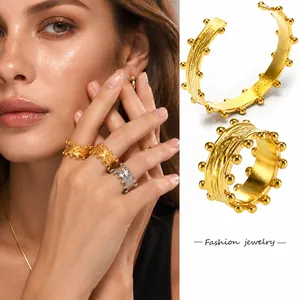 Fashion Stainless Steel Brushed Round Ball Open Ring For Women PVD 18K Gold Plated Textured Minimalist Style Jewelry Gift