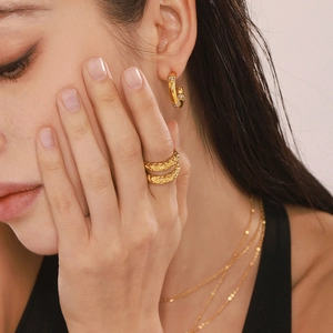 Irregular lava texture 18k gold plated ring set with matching earrings and layered necklaces