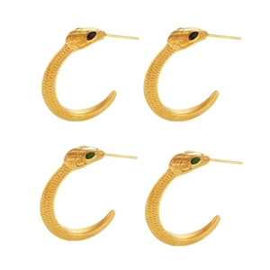 Boucles d'oreilles serpent C en acier plaqué or 18k avec yeux en gemmes vertes et noires