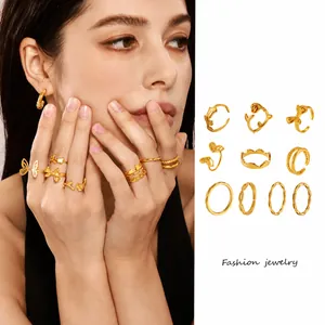 Ins Style Irregular Stainless Steel Open Ring For Women PVD 18K Gold Plated Butterfly Rose Crown Geometric Stackable Ring Jewelry