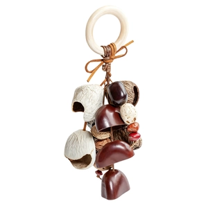 Detailed view of hand-woven suede cord with natural seed husks and wooden beads