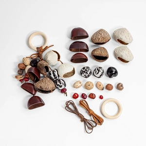 DIY bird toy kit featuring natural seed pods, wooden rings, and leather ropes for crafts