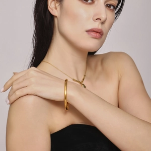 Minimalist 18K gold plated stainless steel bangle and beaded chain necklace set