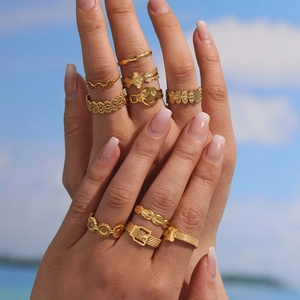 Anello Aperto Geometrico Bohemien in Acciaio Inossidabile per Donna Vintage Placcato Oro Sorriso Orso Cuore Fiore Gioielli di Moda Regolabili