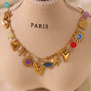 French vintage 18k gold plated stainless steel necklace with colorful enamel charms