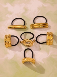 Set of six 18K gold plated stainless steel hair ties with various metallic textures