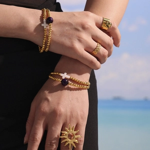 18K Gold Plated Stainless Steel Bead Bracelet With Natural Agate White Shell Cross Pendant PVD Coated Fashion Jewelry For Women
