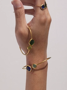 Close-up of gold-plated bangle and ring set featuring colorful faceted Czech glass stones