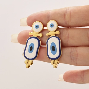 Bohemian gold plated titanium steel evil eye earrings with colorful enamel pendants