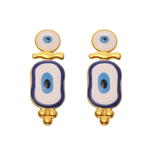 Boucles d'oreilles dorées Evil Eye avec émail bleu et trois perles décoratives