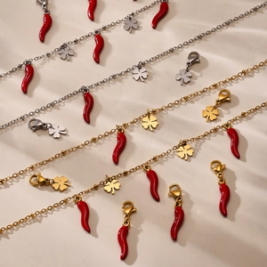 18k gold plated stainless steel jewelry set with red chili and clover charms