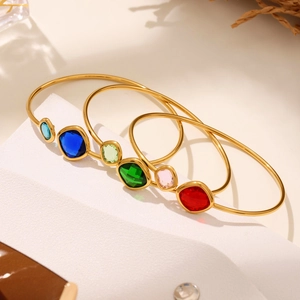 Minimalist gold plated stainless steel bangles with colorful faceted crystals for women