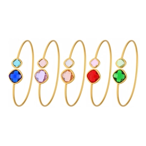 Minimalist gold-plated open bangles featuring faceted colorful glass crystal stones