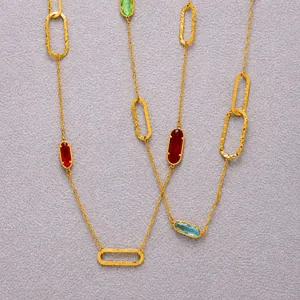 Vintage Double Layer Stainless Steel 18K Gold Plated Long Necklace Faceted Czech Glass Stone Hammered Sweater Chain Women