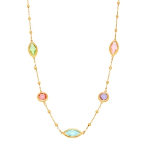 18k gold plated stainless steel necklace with five colorful faceted glass stones