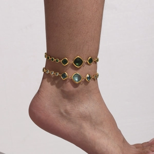 Bracelets de cheville dorés avec cristaux carrés de haute qualité vert émeraude et bleu ciel