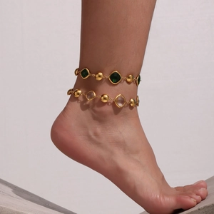 Golden bead anklet set with square green and clear Czech glass stones for women
