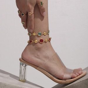 Gold anklet with colorful Czech glass gems and matching rings for women summer fashion
