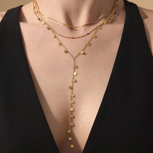 Three-layer gold layered necklace with snake chain and round sequin Y-shaped tassel pendants