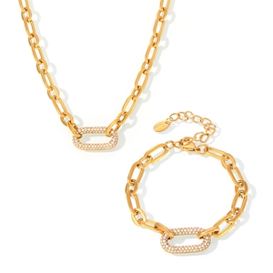 Parure collier et bracelet en acier inoxydable plaqué or 18k avec boucle fer à cheval zircon