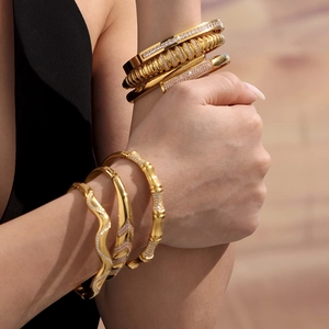 Stacked 18k gold plated stainless steel bangles with micro-pave 5A zircon stones