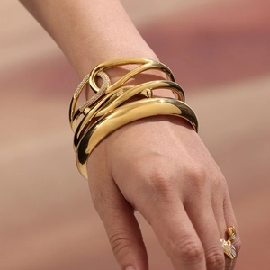 Minimalist double layer 18k gold plated stainless steel cuff bracelet with zircon accents