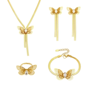 Parure bijoux en acier inoxydable doré 18K avec papillon en zircon 5A collier et bagues