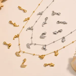 Collana con Pendente a Forma di Delfino e Balena in Acciaio Inossidabile Stile Oceanico Placcato Oro Argento Zirconia