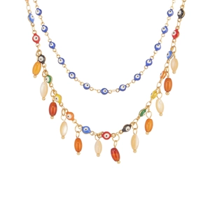 Gold multi-layer evil eye necklace with colorful enamel beads and amber-toned oval pendants