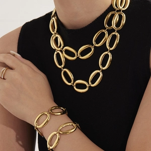 Polished 18k gold plated stainless steel oval link necklace and chunky chain bracelet set