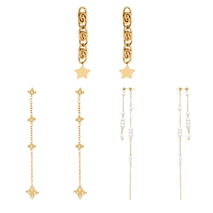 Set de pendientes chapados en oro con estrellas, borlas de circón y perlas largas