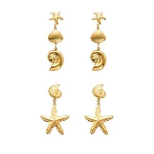 18k gold plated stainless steel starfish and seashell drop earrings on white background
