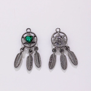 Dreamcatcher pendant with green heart gemstone and feather charms in gunmetal finish